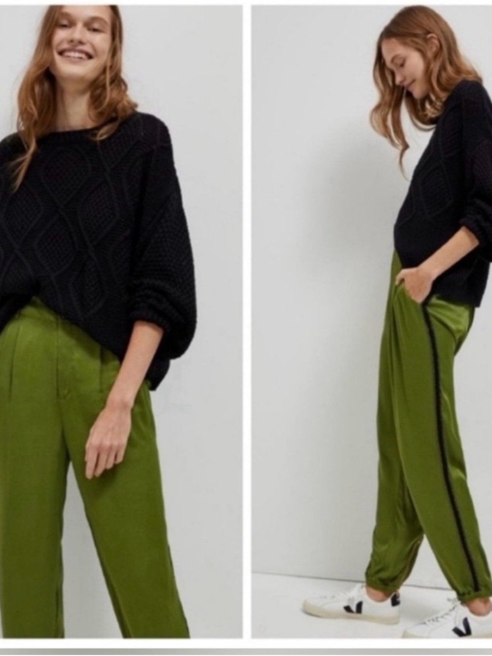 Anthropologie Diandra Pleated Satin Joggers with a Black Sporty Stripe Green 6